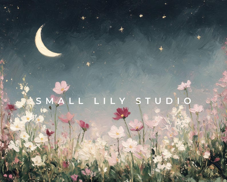 Puede incluir: Una pintura impresionista de una escena nocturna con una luna creciente y estrellas sobre un campo de flores silvestres. Las flores son en tonos de rosa, blanco y rojo. El texto "SMALL LILY STUDIO" est&aacute; en el centro.