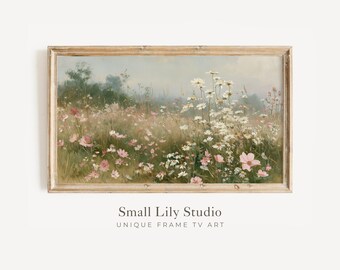 FRAME TV Art Pink Wildflowers,  Samsung Frame TV Art Country Flowers, Vintage Style Landscape Painting | TV1355