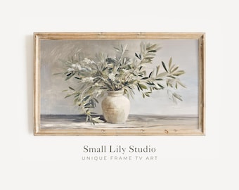 FRAME TV art Olive Branches, Neutral Samsung Frame tv art vintage style painting, Botanical tv screensaver olive green beige | TV815