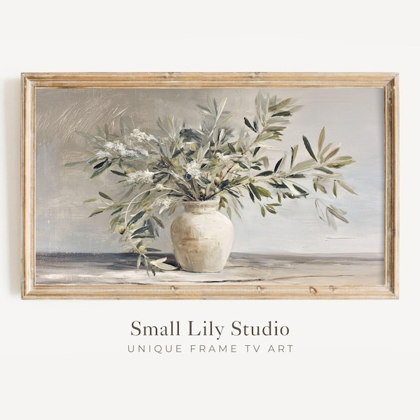 FRAME TV-Hintergrundbild „Olivenzweige“, neutrales Samsung Frame TV-Hintergrundbild im Vintage-Stil, botanischer Bildschirmschoner in Olivgrün und Beige | TV815