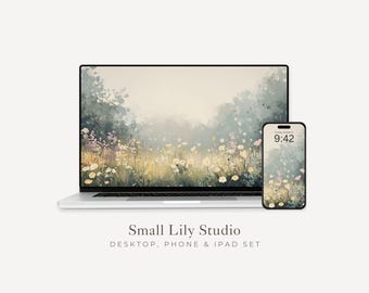 Yellow Floral Desktop Wallpaper Set, Moody Landscape Phone Wallpaper, Aesthetic iPhone Wallpaper, iPad Background Vintage Style | WS056