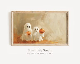 Halloween FRAME TV art Cute Ghosts Holding Pumpkins, Neutral Halloween Samsung Frame tv art ghosts, Fun spooky Halloween TV artwork | TV402
