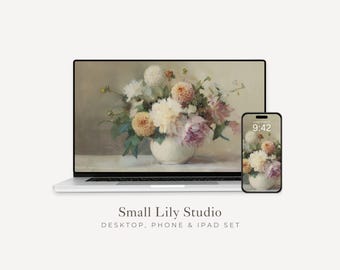 Flower Bouquet Desktop Wallpaper Set, Floral Phone Wallpaper, Spring iPhone Wallpaper, Aesthetic iPad Background Vintage Style | WS217