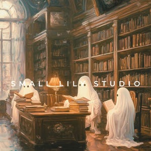 May include: An oil painting depicts a library scene with three ghosts reading books at a large wooden desk. The room is filled with bookshelves and illuminated by a window and a desk lamp. The text "SMALL LIL STUDIO" is visible.
