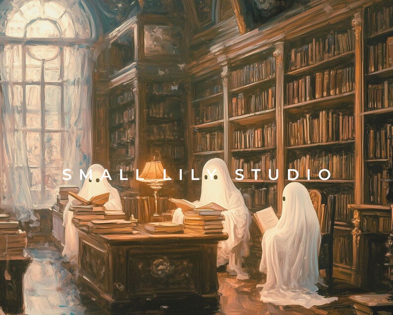 May include: An oil painting depicts a library scene with three ghosts reading books at a large wooden desk. The room is filled with bookshelves and illuminated by a window and a desk lamp. The text "SMALL LIL STUDIO" is visible.