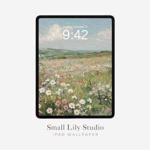 Op de afbeelding: Een iPad met een wallpaper van een veld met wilde bloemen onder een blauwe lucht met wolken. De tijd is 9:42 uur op zondag 17 oktober. De tekst "Small Lily Studio" en "iPad Wallpaper" staan onderaan.
