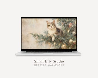 Bureaubladachtergrond kat in kerstboom, schattig feestelijk macbook-behang, kattenliefhebber laptopachtergrond, schilderij vintage stijl | WD113