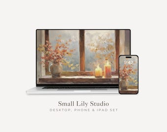 Cozy Fall Window Desktop Wallpaper Set, Autumn Leaves Phone Wallpaper, Candles iPhone Wallpaper, iPad Background Vintage Style | WS062