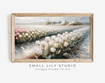 Spring FRAME TV art Tulips, White Floral Samsung Frame tv art, Textured tv artwork paint on canvas, Dutch tulip landscape tv picture | TV259