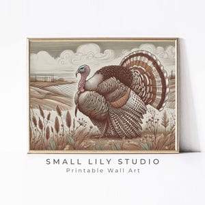 PRINTABLE Thanksgiving Turkey Print, Fall Landscape Print, Vintage Style Animal Wall Art, Neutral Thanksgiving Home Decor Brown | P137