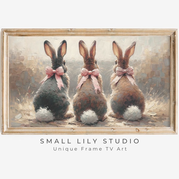 FRAME TV art Bunnies with Pink Bows, Easter rabbit tv art neutral, Cute rabbit for kids Samsung Frame tv art vintage style | TV281