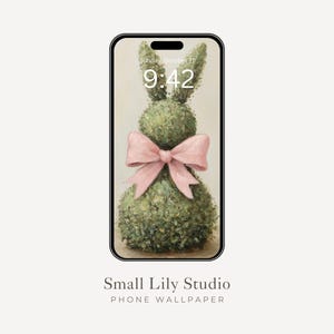 Topiary konijntjes telefoonbehang, schattig iPhone-behang, konijnen met roze strikken Samsung Galaxy-telefoonachtergrond, vintage stijl kunst | WP184