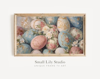 FRAME TV Art Pink and Blue Easter Eggs, Samsung Frame TV Art Easter, Floral Vintage Style Painting | TV1198