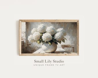 May include: A rectangular wooden frame containing a digital art print of white hydrangea flowers in a round ceramic vase. The painting features a textured, painterly style with soft lighting, set against a neutral, rustic background.