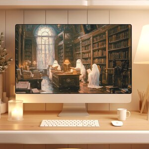 May include: A computer monitor displays a painting of a library scene with three ghost figures reading books. The library has tall bookshelves, a large window, and a desk with lamps. The scene is lit with warm tones.