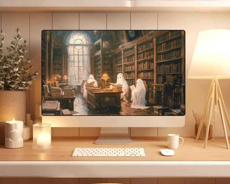 May include: A computer monitor displays a painting of a library scene with three ghost figures reading books. The library has tall bookshelves, a large window, and a desk with lamps. The scene is lit with warm tones.