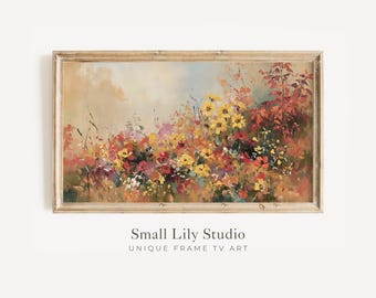 FRAME TV art Fall Floral Landscape, Autumn flowers trees vintage style painting, Colorful Fall Leaves Samsung Frame tv yellow red | TV404
