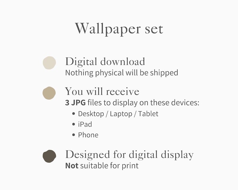 May include: A digital wallpaper set with the title "Wallpaper set". The image includes text stating that the product is a digital download, and that you will receive 3 JPG files for display on various devices, including desktops, tablets, and phones.