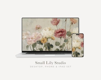Floral Desktop Wallpaper Set, Vintage Style Flowers Phone Wallpaper, Textured Painting iPhone Wallpaper, Aesthetic iPad Background | WS094