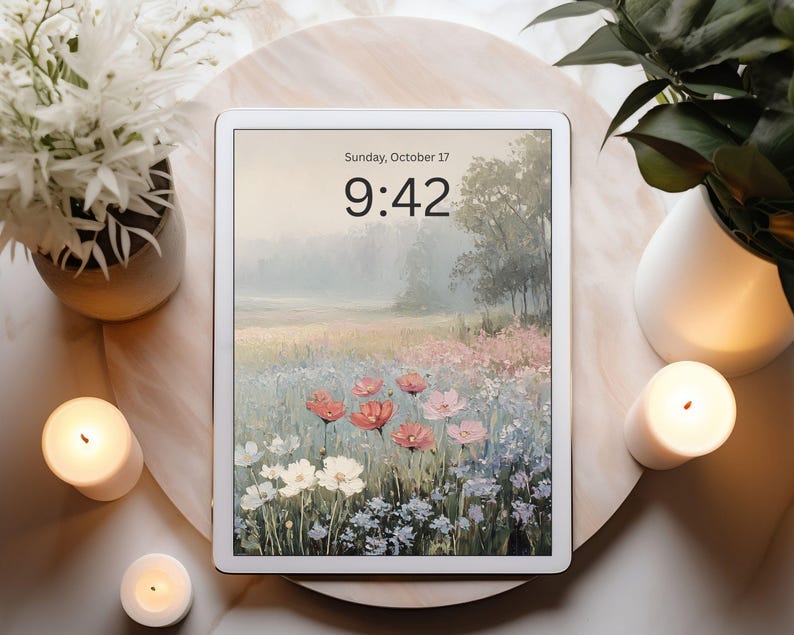 May include: A white tablet displays a landscape painting of a field of wildflowers in shades of pink, white, and blue. The time is 9:42 on Sunday, October 17. The tablet is on a round, light-colored wooden tray, surrounded by candles and plants.