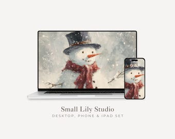 Snowman Desktop Wallpaper Set, Holiday Phone Wallpaper, Cute Christmas iPhone Wallpaper, Winter iPad Background | WS148
