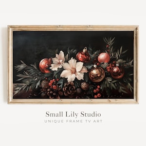 FRAME TV art Moody Christmas Florals, Samsung Frame tv art vintage style flower still life painting, Dark red Christmas decor | TV536