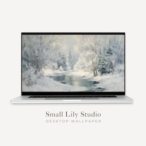 Tapeta na pulpit z zimowym krajobrazem, tapeta na Macbooka z zamarzniętym strumieniem, tło z zaśnieżonym laptopem, obraz w stylu vintage | WD170