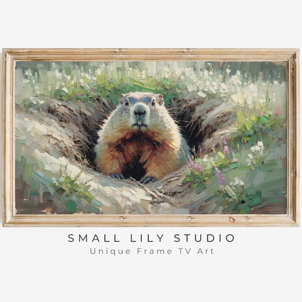 FRAME TV art Le jour de la marmotte, Samsung Frame art tv marmotte de l'hiver au printemps, image tv animal pour enfants, style tableau vintage | TV256