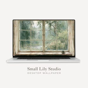 Peut inclure: Un ordinateur portable argenté affichant un fond d'écran numérique représentant une vue par la fenêtre sur un jardin pluvieux avec du feuillage vert et des arbres. Sous l'ordinateur, le texte indique Small Lily Studio DESKTOP WALLPAPER.