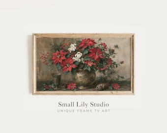 FRAME TV Art Poinsettia Flowers, Samsung Frame TV Art Christmas Botanicals, Moody Vintage Style Painting | TV1464