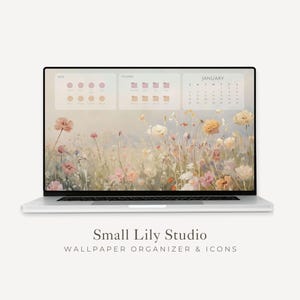 Könnte beinhalten: Ein silberner Laptop mit einem digitalen Desktop-Hintergrundbild, das eine Blumenwiese zeigt. Der Bildschirm enthält drei halbtransparente Bereiche für Apps, Ordner und einen Januar-Kalender. Unter dem Laptop steht der Text Small Lily Studio.