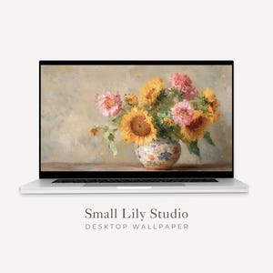 Sunflowers Desktop Wallpaper, Fall Florals Macbook Wallpaper, Yellow and Pink Flowers Laptop Background, Vintage Style Painting | WD085