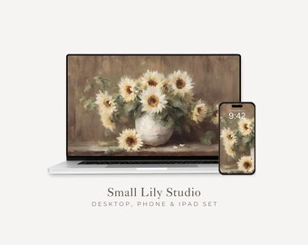 Sunflowers Desktop Wallpaper Set, Fall Flowers Phone Wallpaper, Floral iPhone Wallpaper, iPad Background Vintage Style Painting | WS093