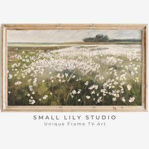 Summer FRAME TV art White Wildflowers, Spring field of flowers landscape tv art, Samsung Frame tv art abstract sage green painting | TV325