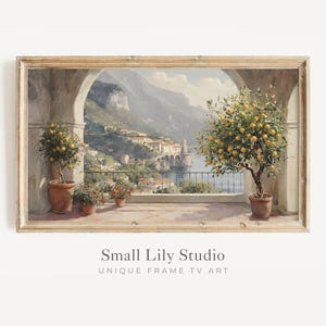 Arte de TV con marco Terraza italiana de verano y limonero, arte de TV con marco Samsung Costa de Amalfi Italia, Pintura de paisaje costero de estilo vintage / TV349
