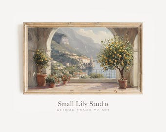 FRAME TV art Summer Italian Terrace & Lemon Tree, Samsung Frame tv art Amalfi Coast Italy, Vintage style coastal landscape painting | TV349