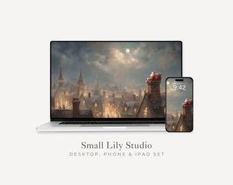 May include: A laptop and smartphone display a digital art scene of a town at night, with a full moon and a Christmas tree. The image is a desktop, phone, and iPad set from Small Lily Studio.