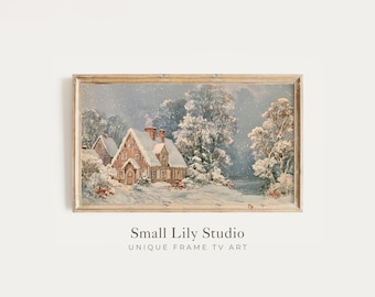 FRAME TV Art House in Winter Landscape, Christmas Samsung Frame TV Art, Vintage Watercolor Style Painting | TV1471