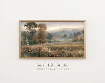 FRAME TV Art Fall Country Landscape, Samsung Frame TV Art Moody Autumnal Countryside, Neutral Vintage Style Painting | TV1438