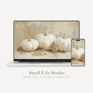 Set di sfondi per desktop con zucche bianche, sfondo autunnale neutro per telefono, sfondo autunnale per iPhone, sfondo per iPad con tema del Ringraziamento / WS061