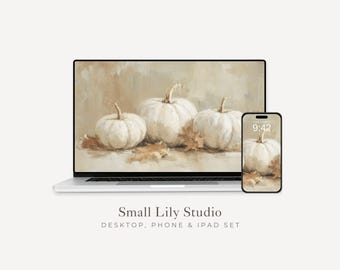 White Pumpkins Desktop Wallpaper Set, Neutral Fall Phone Wallpaper, Autumn iPhone Wallpaper, Thanksgiving iPad Background | WS061