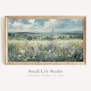 FRAME TV art Wildflower Field, Vintage style flowers painting blue green, Samsung Frame tv art Spring floral landscape screensaver | TV600