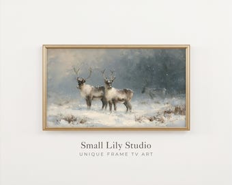 FRAME TV Art Winter Reindeer, Neutral Christmas Samsung Frame TV Art, Vintage Style Painting | TV1474