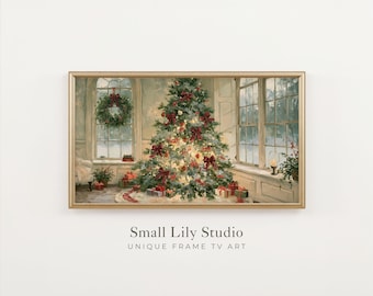 FRAME TV Art Christmas Tree in Cozy Living Room, Festive Samsung Frame TV Art,  Red and Green Seasonal Painting | TV1450