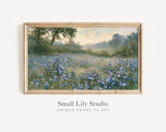 FRAME TV Art Blue Wildflower Field, Samsung Frame TV Art Floral Landscape, Vintage Style Countryside Flowers Painting | TV1369