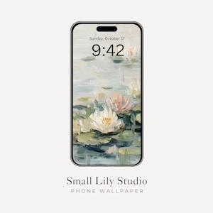 Puede incluir: Un teléfono inteligente muestra un fondo de pantalla con una pintura pastel de nenúfares. La hora mostrada es 9:42 AM del domingo 17 de octubre. La parte inferior del teléfono muestra el texto "Small Lily Studio PHONE WALLPAPER."