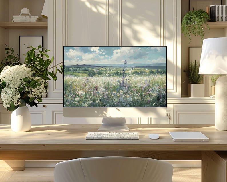 May include: A modern computer setup on a light wood desk. The computer displays a landscape painting of a field with wildflowers under a blue sky. A white keyboard, mouse, and a notepad are also on the desk. A white vase with flowers is on the left.