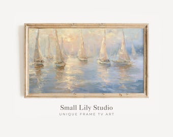FRAME TV Art Sailing Boats at Sunset, Samsung Frame TV Art Summer Regatta, Vintage Style Coastal Artwork | TV1294