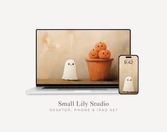 Ghost and Pumpkins Desktop Wallpaper, Fall Halloween Phone Wallpaper, Cute Spooky iPhone Wallpaper, iPad Background Vintage Style | WS042