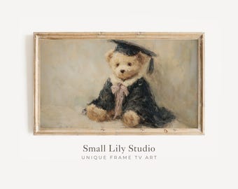 FRAME TV Art Graduation Teddy Bear, Samsung Frame TV Art for Graduate Celebration, Neutral Vintage Style Academic Painting | TV1241
